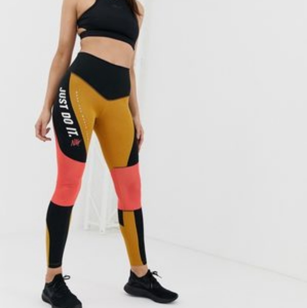 Nike Color Block Leggings Gold Black Pink Small